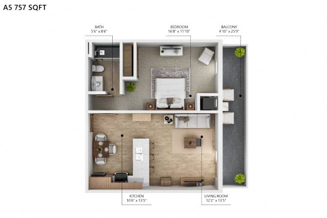 Floor plan for 1 bed, 1 bath, 757 sqft