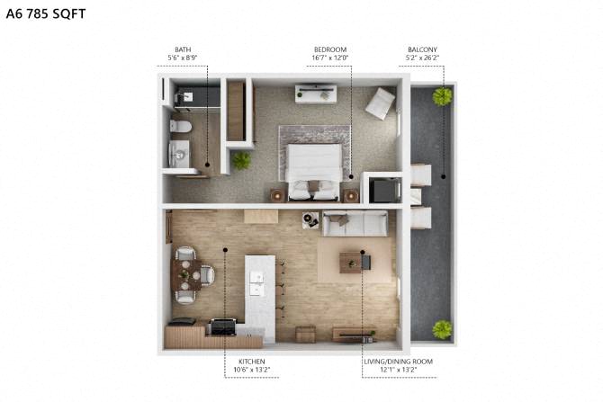 Floor plan for 1 bed, 1 bath, 785 sqft