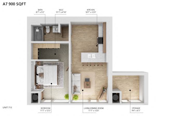 Floor plan for 1 bed, 1 bath, 900 sqft
