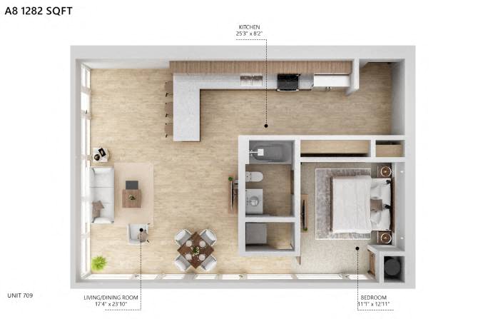 Floor plan for 1 bed, 1 bath, 1282 sqft