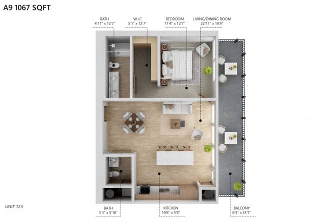 Floor plan for 1 bed, 1.5 baths, 1067 sqft