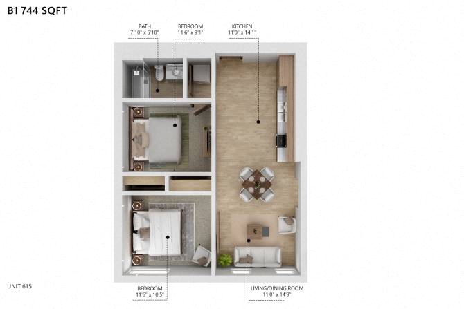 Floor plan for 2 beds, 1 bath, 744 sqft