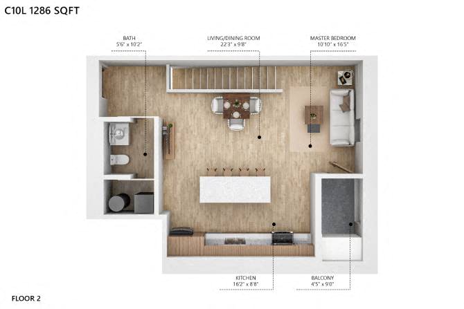 Floor plan for 2 beds, 3 baths, 1286 sqft