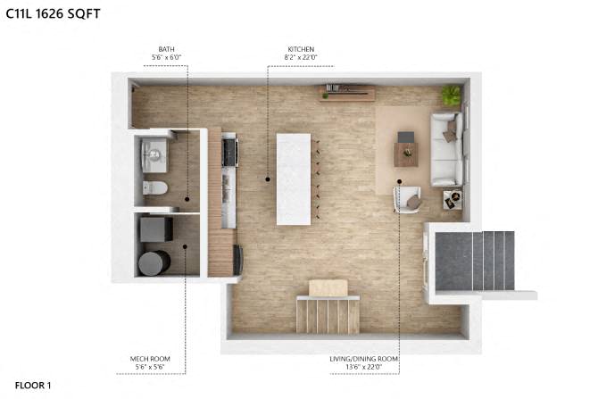 Floor plan for 2 beds, 3 baths, 1320 sqft