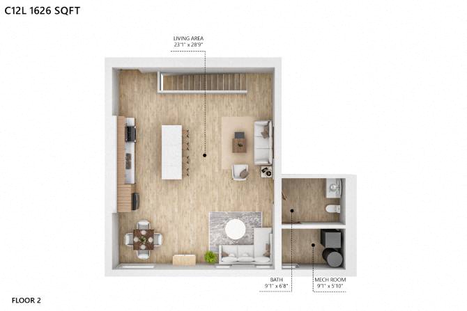 Floor plan for 2 beds, 3 baths, 1626 sqft
