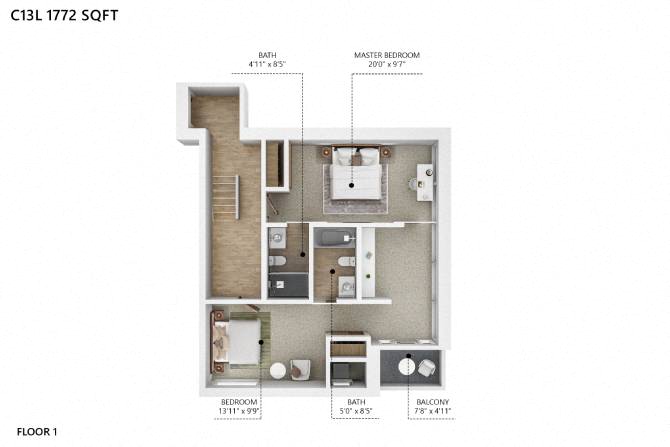 Floor plan for 2 beds, 3 baths, 1772 sqft