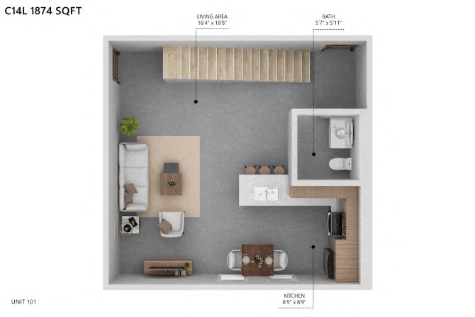 Floor plan for 2 beds, 3 baths, 1874 sqft