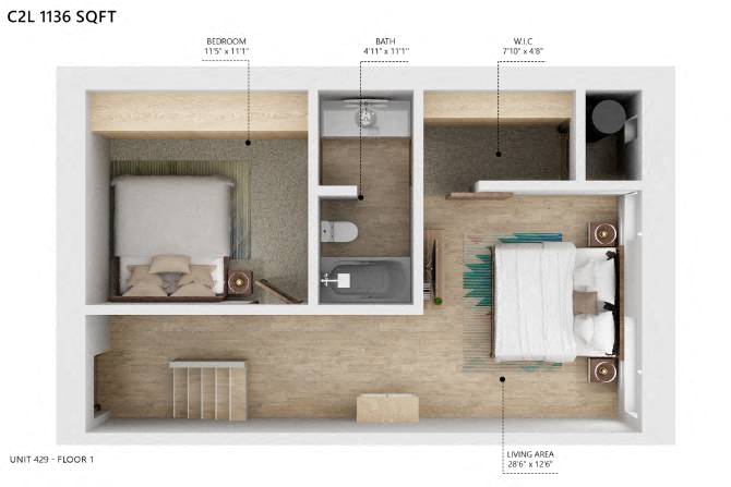 Floor plan for 2 beds, 2 baths, 1136 sqft