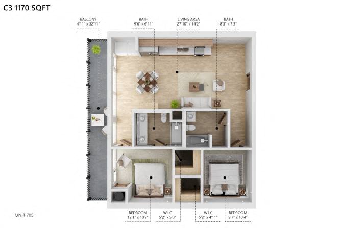 Floor plan for 2 beds, 2 baths, 1170 sqft