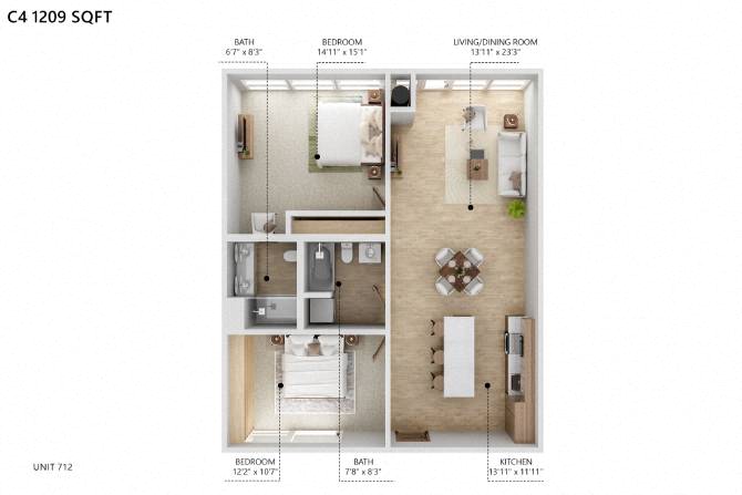 Floor plan for 2 beds, 2 baths, 1209 sqft