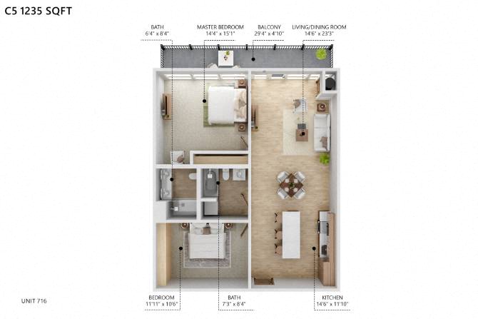 Floor plan for 2 beds, 2 baths, 1240 sqft