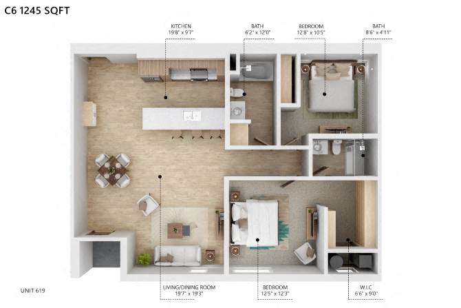 Floor plan for 2 beds, 2 baths, 1245 sqft