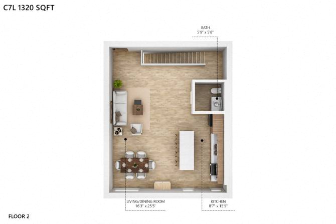 Floor plan for 2 beds, 2 baths, 1320 sqft