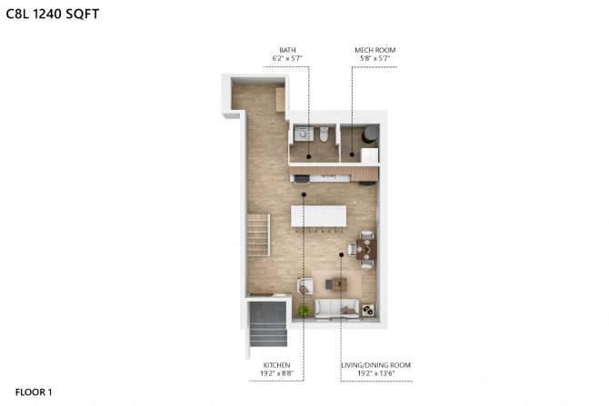 Floor plan for 2 beds, 3 baths, 1230 sqft