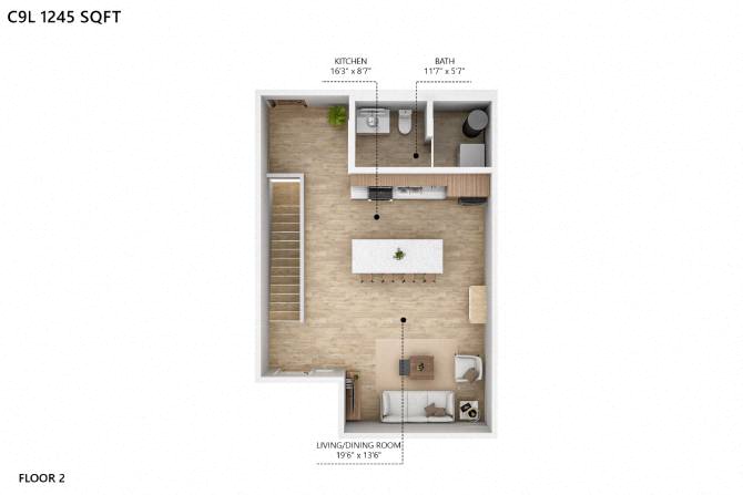 Floor plan for 2 beds, 2.5 baths, 1245 sqft