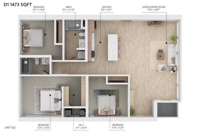 Floor plan for 3 beds, 3 baths, 1473 sqft