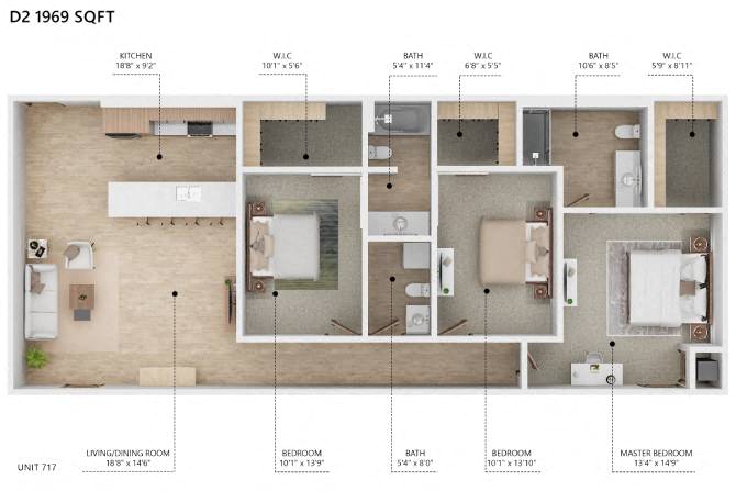 Floor plan for 3 beds, 3 baths, 1969 sqft