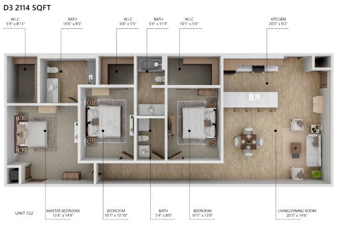 Floor plan for 3 beds, 2 baths, 2114 sqft