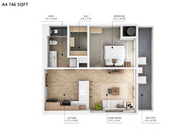 Floor plan for 1 bed, 1 bath, 746 sqft