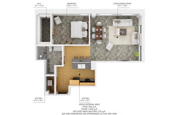 Floor plan for 1 bed, 1 bath, 897 sqft