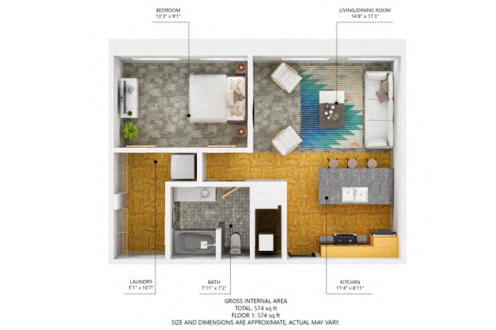 Floor plan for 1 bed, 1 bath, 713 sqft