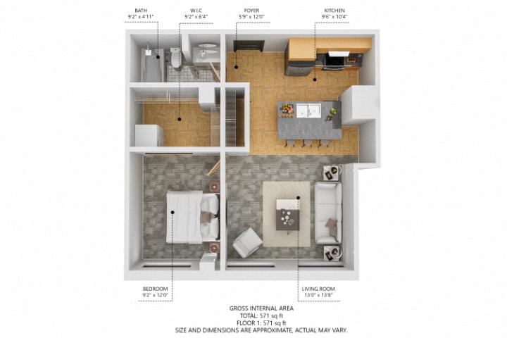 Floor plan for 1 bed, 1 bath, 586 sqft