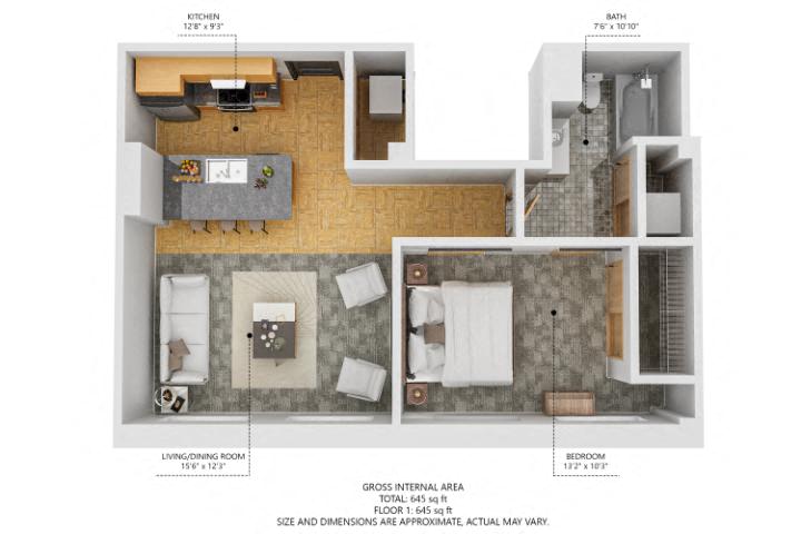 Floor plan for 1 bed, 1 bath, 670 sqft