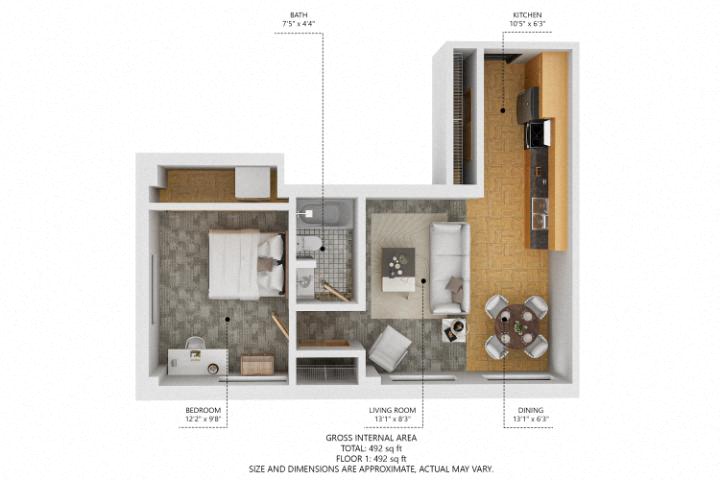 Floor plan for 1 bed, 1 bath, 710 sqft