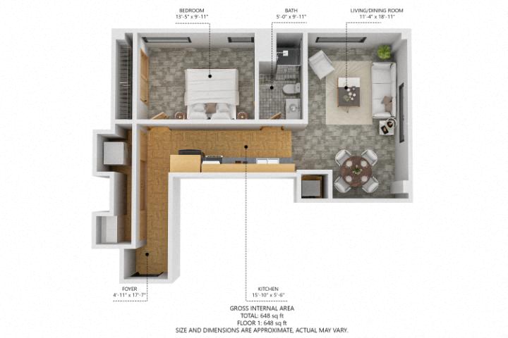 Floor plan for 1 bed, 1 bath, 710 sqft