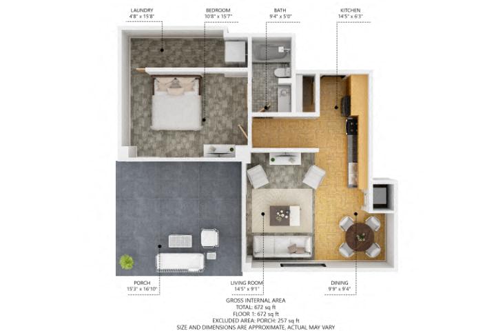 Floor plan for 1 bed, 1 bath, 717 sqft