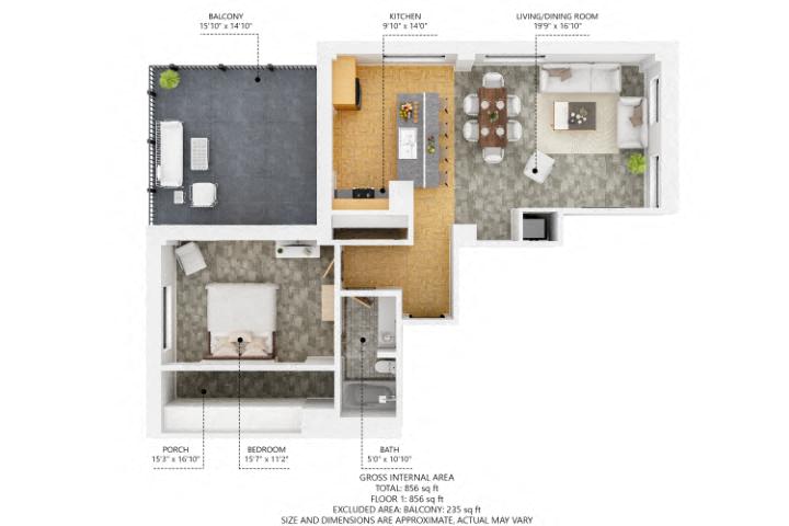 Floor plan for 1 bed, 1 bath, 890 sqft