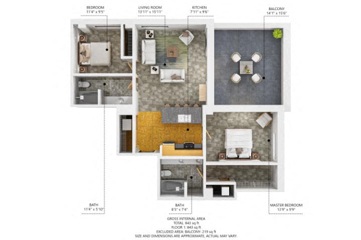 Floor plan for 2 beds, 2 baths, 997 sqft