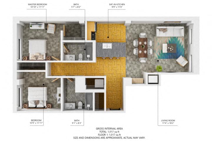 Floor plan for 2 beds, 2 baths, 1014 sqft