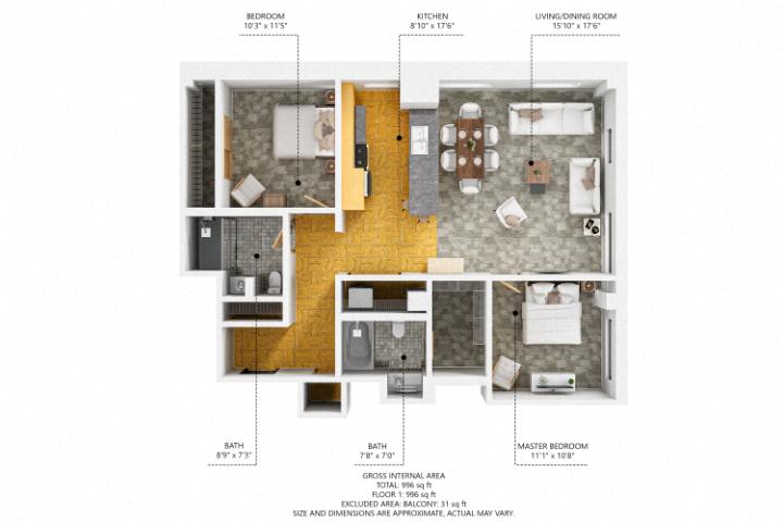 Floor plan for 2 beds, 2 baths, 1079 sqft