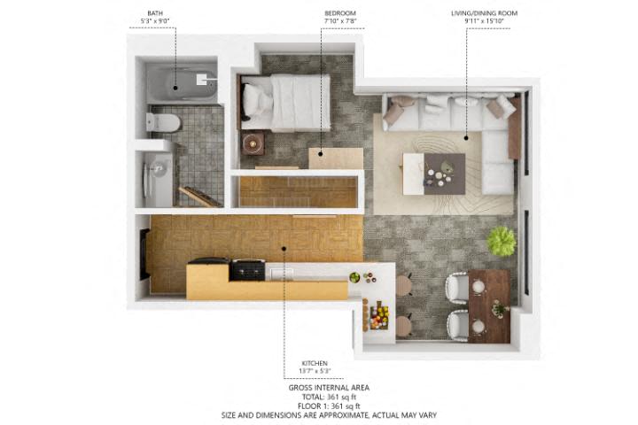 Floor plan for studio, 1 bath, 476 sqft