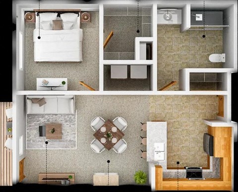 Floor plan for 1 bed, 1 bath, 640 sqft