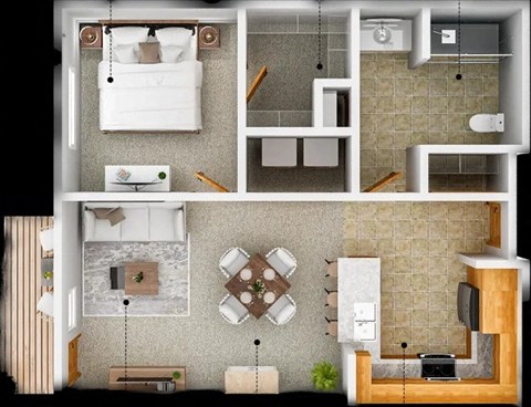 Floor plan for 1 bed, 1 bath, 640 sqft