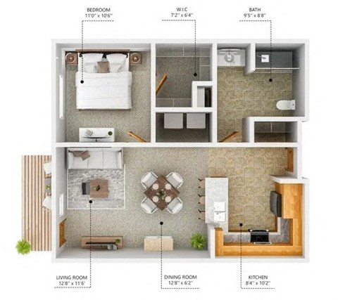 Floor plan for 1 bed, 1 bath, 640 sqft