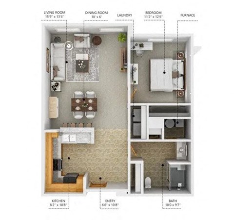 Floor plan for 1 bed, 1 bath, 812 sqft