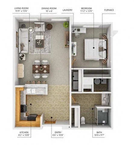 Floor plan for 1 bed, 1 bath, 812 sqft