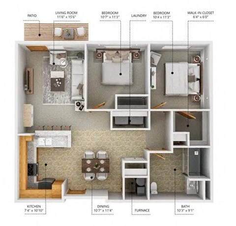 Floor plan for 2 beds, 1 bath, 882 sqft