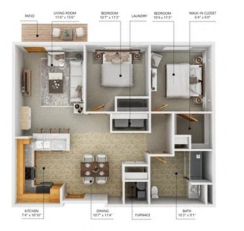 Floor plan for 2 beds, 1 bath, 959 sqft