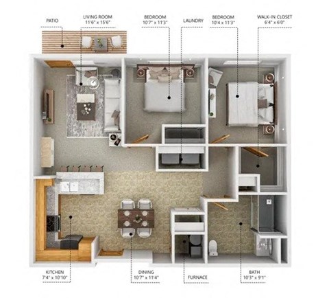 Floor plan for 2 beds, 1 bath, 882 sqft