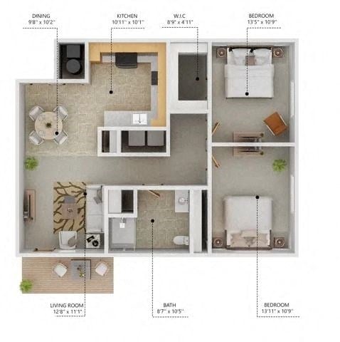 Floor plan for 2 beds, 1 bath, 959 sqft