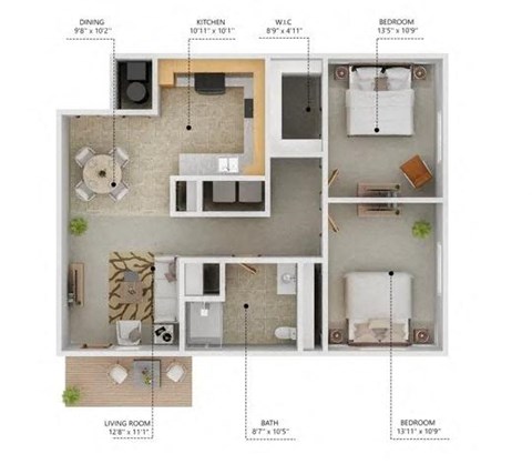 Floor plan for 2 beds, 1 bath, 959 sqft