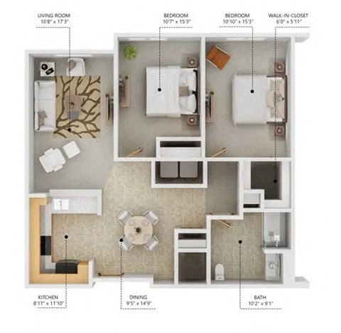 Floor plan for 2 beds, 1 bath, 959 sqft