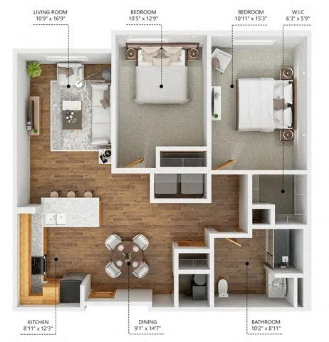 Floor plan for 2 beds, 1 bath, 991 sqft