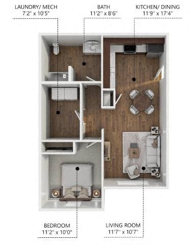 Floor plan for 1 bed, 1 bath, 691 sqft