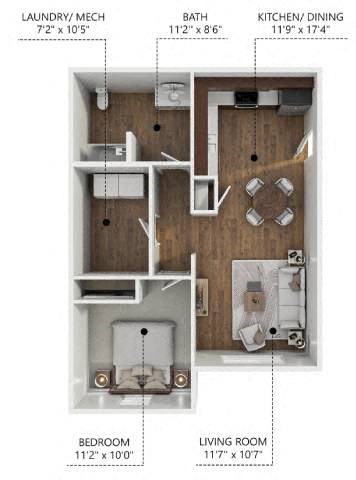 Floor plan for 1 bed, 1 bath, 715 sqft