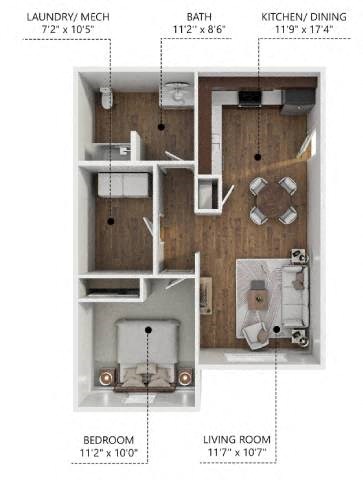 Floor plan for 1 bed, 1 bath, 715 sqft